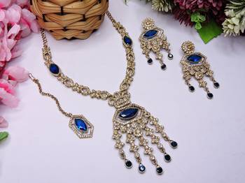 Blue yellow gold premium designer american diamond and stone work necklace set 2
