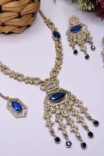 Blue yellow gold premium designer american diamond and stone work necklace set
