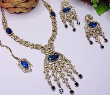 Blue yellow gold premium designer american diamond and stone work necklace set 3