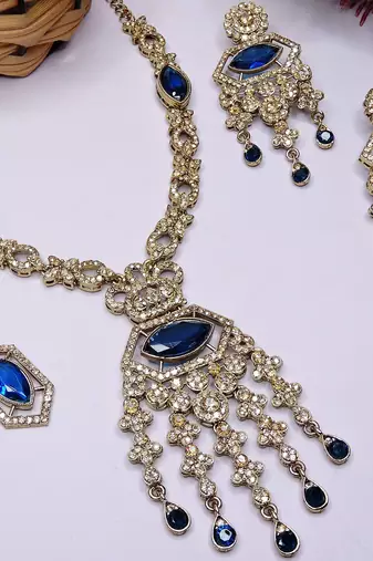 Blue yellow gold premium designer american diamond and stone work necklace set