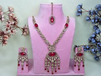 Pink yellow gold premium designer american diamond and stone work necklace set 1