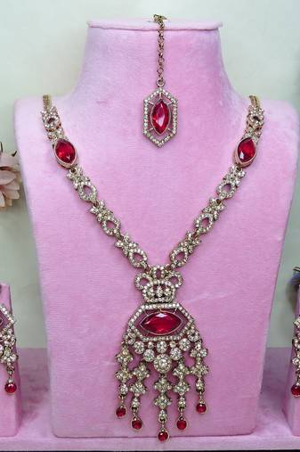 Pink yellow gold premium designer american diamond and stone work necklace set
