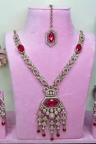 Pink yellow gold premium designer american diamond and stone work necklace set