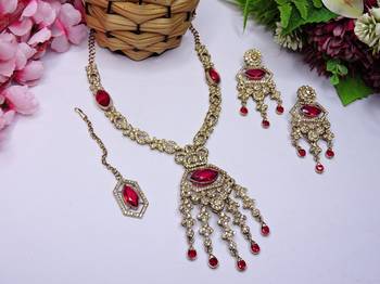 Pink yellow gold premium designer american diamond and stone work necklace set 2
