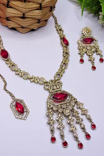Pink yellow gold premium designer american diamond and stone work necklace set