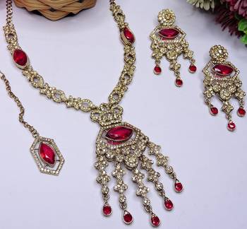 Pink yellow gold premium designer american diamond and stone work necklace set 3