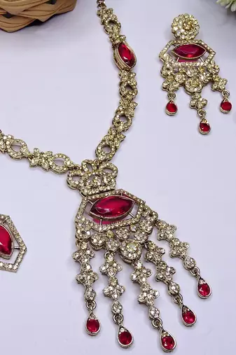Pink yellow gold premium designer american diamond and stone work necklace set