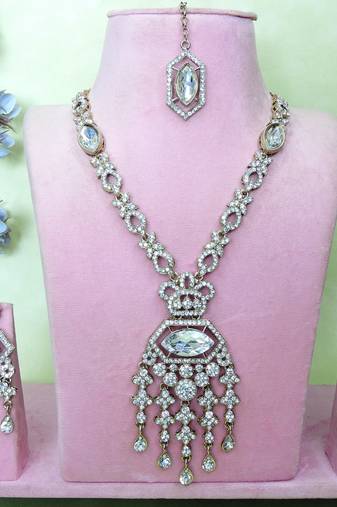 White yellow gold premium designer american diamond and stone work necklace set