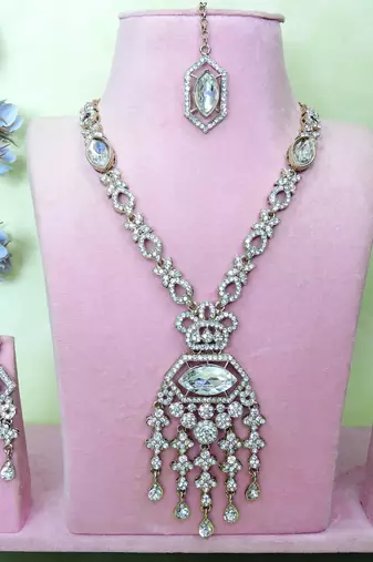 White yellow gold premium designer american diamond and stone work necklace set