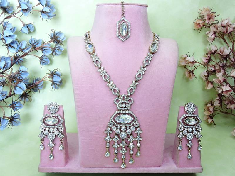 White yellow gold premium designer american diamond and stone work necklace set