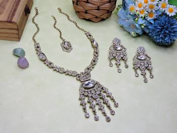 White yellow gold premium designer american diamond and stone work necklace set 2