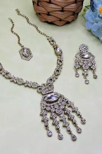 White yellow gold premium designer american diamond and stone work necklace set