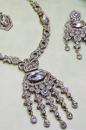 White yellow gold premium designer american diamond and stone work necklace set
