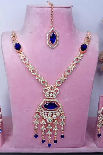Blue rose gold premium designer american diamond and stone work necklace set
