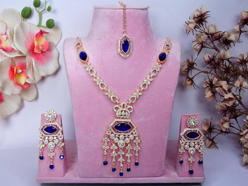 Blue rose gold premium designer american diamond and stone work necklace set