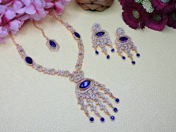 Blue rose gold premium designer american diamond and stone work necklace set 2