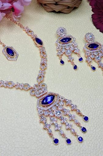 Blue rose gold premium designer american diamond and stone work necklace set