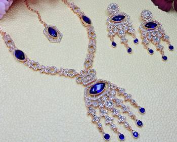 Blue rose gold premium designer american diamond and stone work necklace set 3