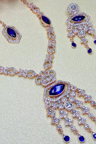 Blue rose gold premium designer american diamond and stone work necklace set