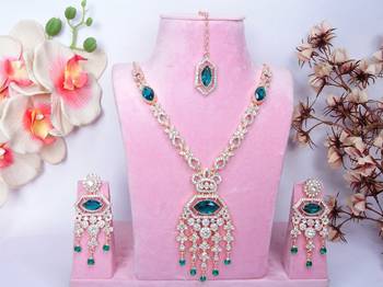 Green rose gold premium designer american diamond and stone work necklace set 1