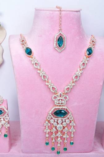 Green rose gold premium designer american diamond and stone work necklace set