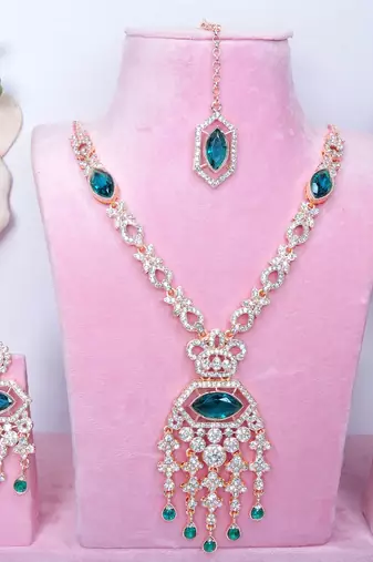 Green rose gold premium designer american diamond and stone work necklace set