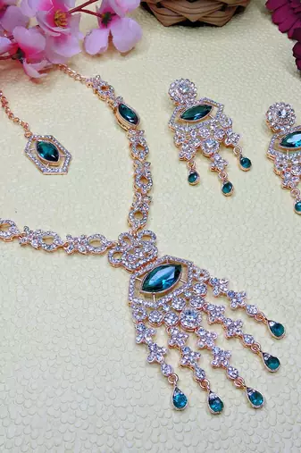 Green rose gold premium designer american diamond and stone work necklace set