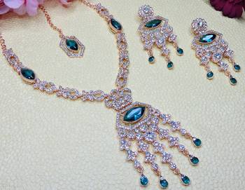 Green rose gold premium designer american diamond and stone work necklace set 3