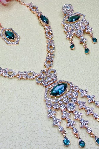 Green rose gold premium designer american diamond and stone work necklace set
