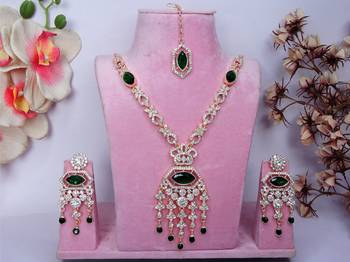 Green rose gold premium designer american diamond and stone work necklace set 1