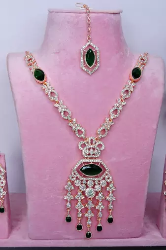 Green rose gold premium designer american diamond and stone work necklace set