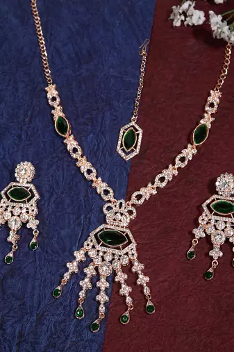Green rose gold premium designer american diamond and stone work necklace set