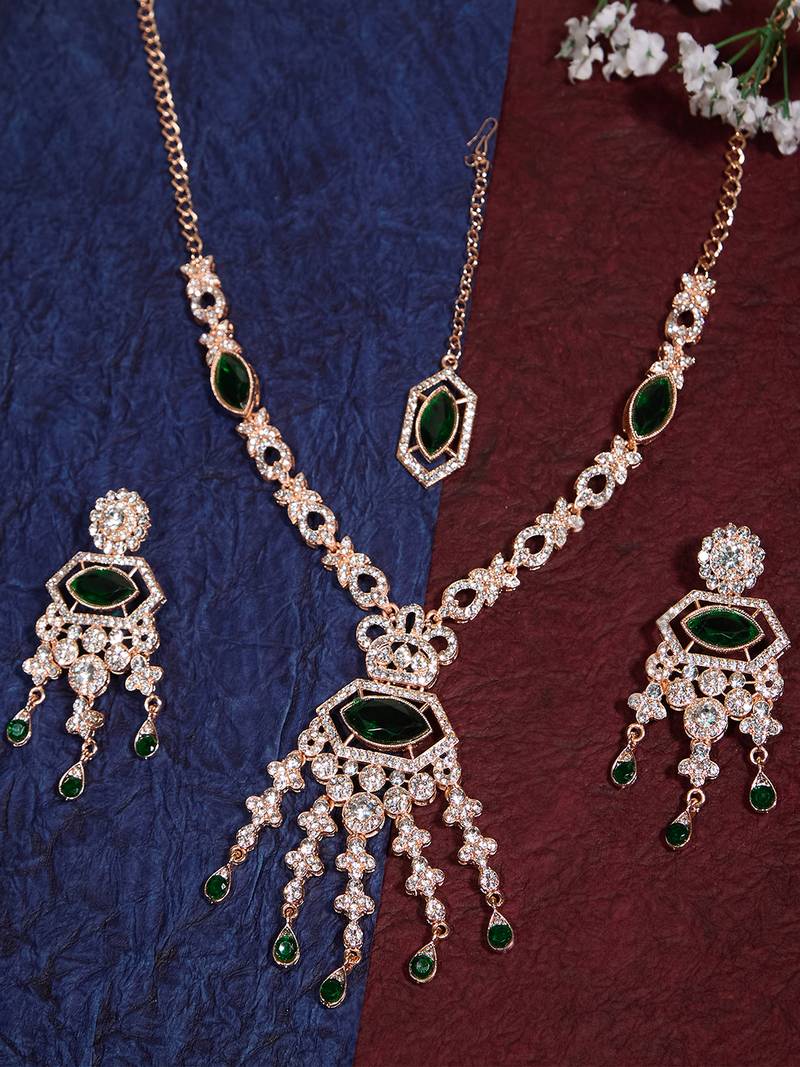 Green rose gold premium designer american diamond and stone work necklace set