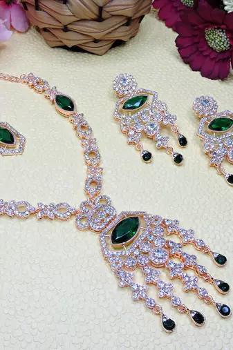 Green rose gold premium designer american diamond and stone work necklace set