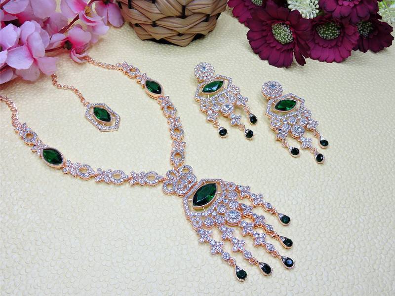 Green rose gold premium designer american diamond and stone work necklace set
