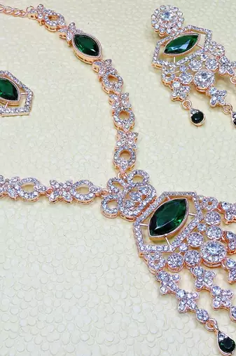 Green rose gold premium designer american diamond and stone work necklace set