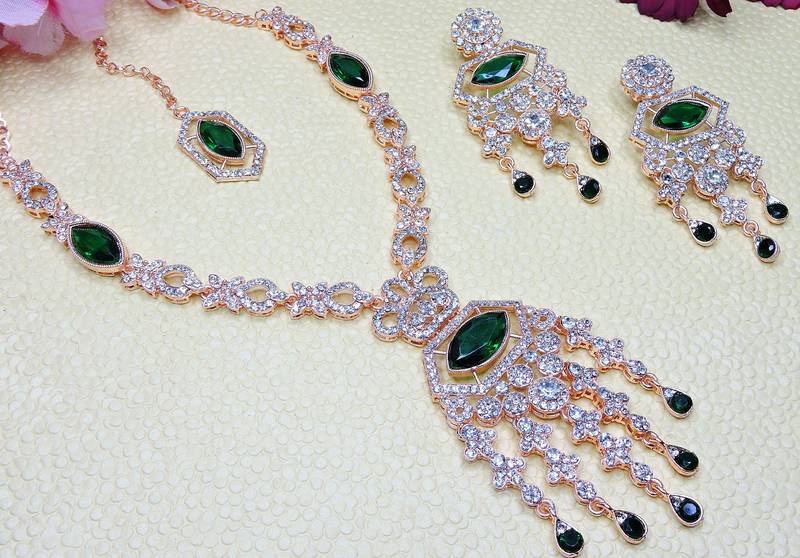 Green rose gold premium designer american diamond and stone work necklace set