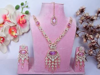 Purple rose gold premium designer american diamond and stone work necklace set 1