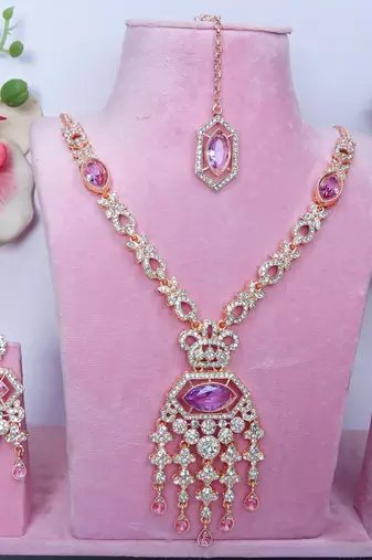 Purple rose gold premium designer american diamond and stone work necklace set