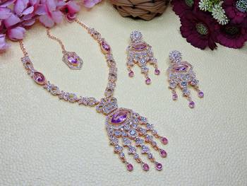 Purple rose gold premium designer american diamond and stone work necklace set 2