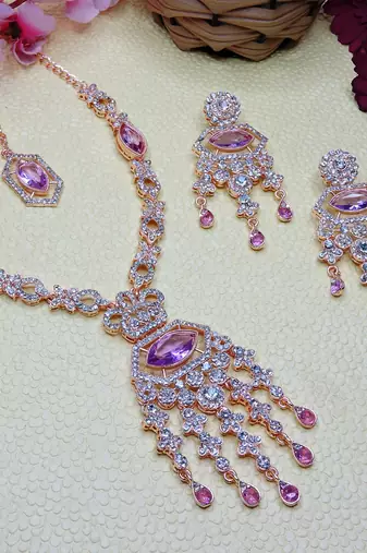 Purple rose gold premium designer american diamond and stone work necklace set