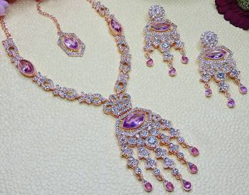 Purple rose gold premium designer american diamond and stone work necklace set 3