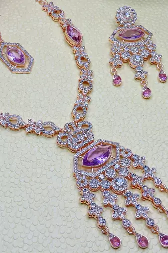 Purple rose gold premium designer american diamond and stone work necklace set
