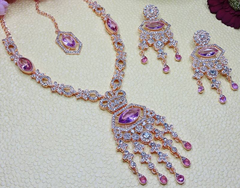 Purple rose gold premium designer american diamond and stone work necklace set