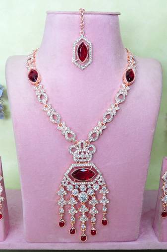 Maroon rose gold premium designer american diamond and stone work necklace set