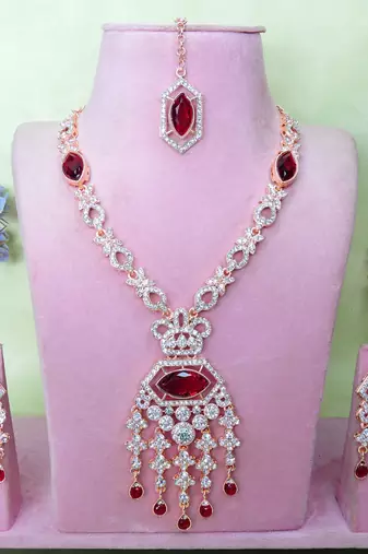 Maroon rose gold premium designer american diamond and stone work necklace set
