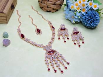 Maroon rose gold premium designer american diamond and stone work necklace set 2