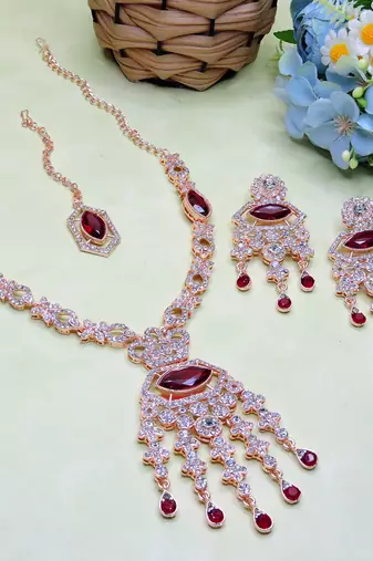 Maroon rose gold premium designer american diamond and stone work necklace set