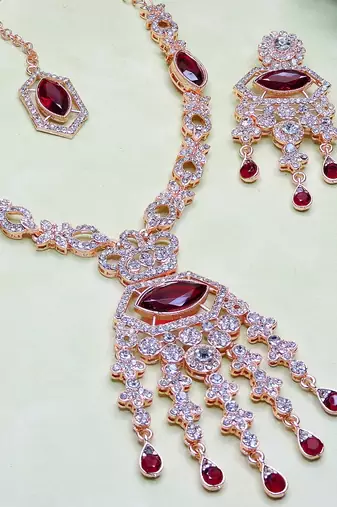 Maroon rose gold premium designer american diamond and stone work necklace set