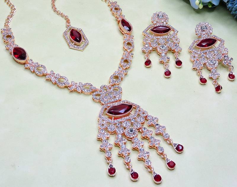 Maroon rose gold premium designer american diamond and stone work necklace set